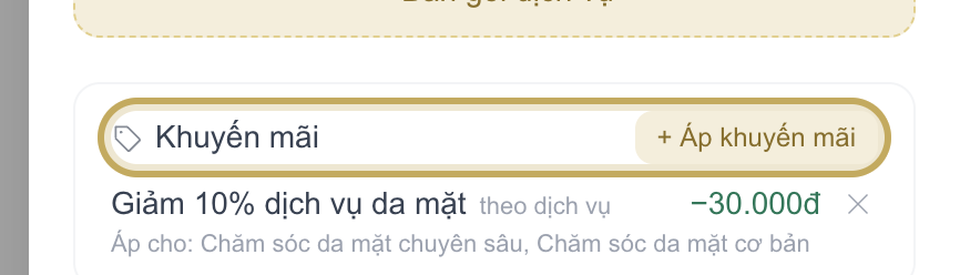 Khối Khuyến mãi trong Chi tiết lịch với nút + Áp khuyến mãi được khoanh vàng