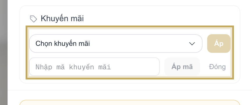 Ô Chọn khuyến mãi và ô Nhập mã khuyến mãi cùng nút Áp / Áp mã