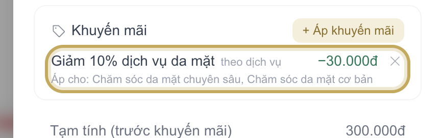Dòng khuyến mãi đã áp với nút gỡ (X) cạnh tên được khoanh vàng