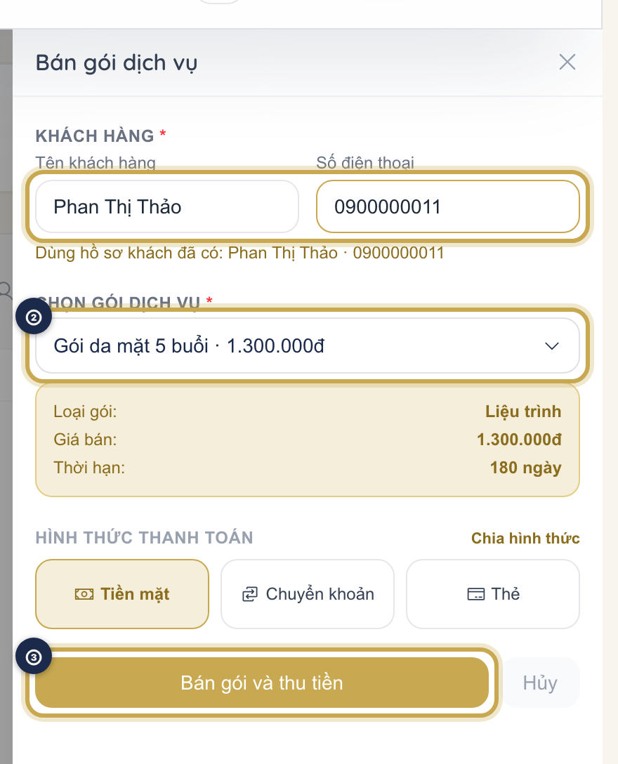 Hộp thoại Bán gói dịch vụ mở từ thanh điều hành, với ô chọn khách và ô chọn gói dịch vụ