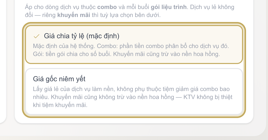 Khối Nền tính hoa hồng KTV cho buổi combo / gói trong Cài đặt với hai lựa chọn Giá chia tỷ lệ và Giá gốc niêm yết