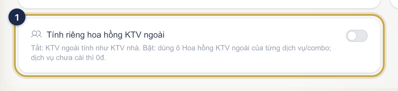 Khối Tính riêng hoa hồng KTV ngoài trong Cài đặt, công tắc đang tắt