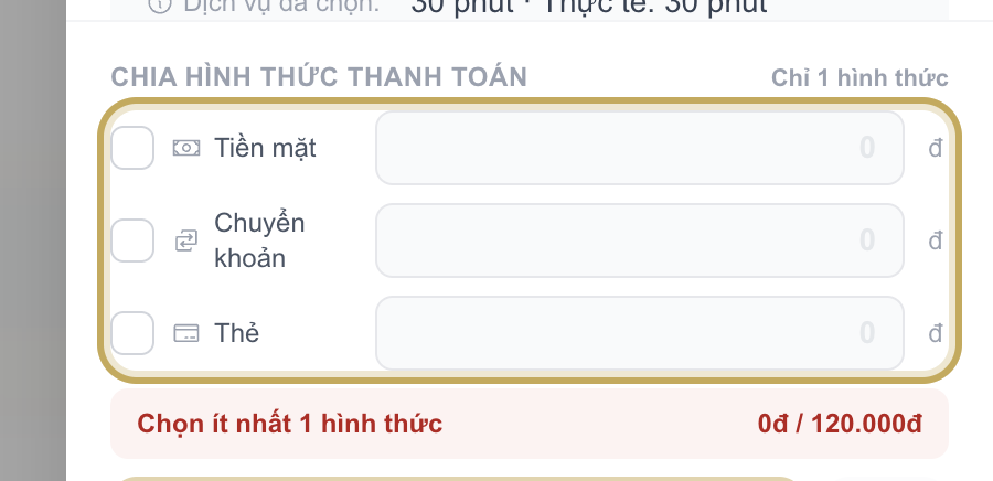 Ô Chia hình thức thanh toán với các dòng Tiền mặt, Chuyển khoản, Thẻ và ô nhập số tiền từng dòng được khoanh vàng