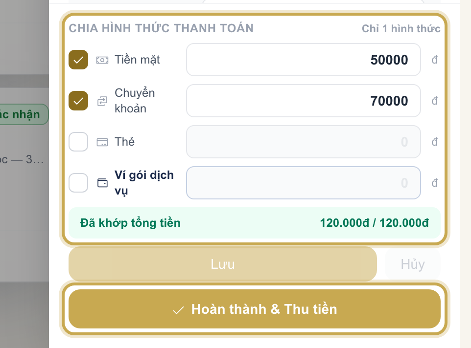 Thanh trạng thái Đã khớp tổng tiền ở cuối bảng chia hình thức thanh toán