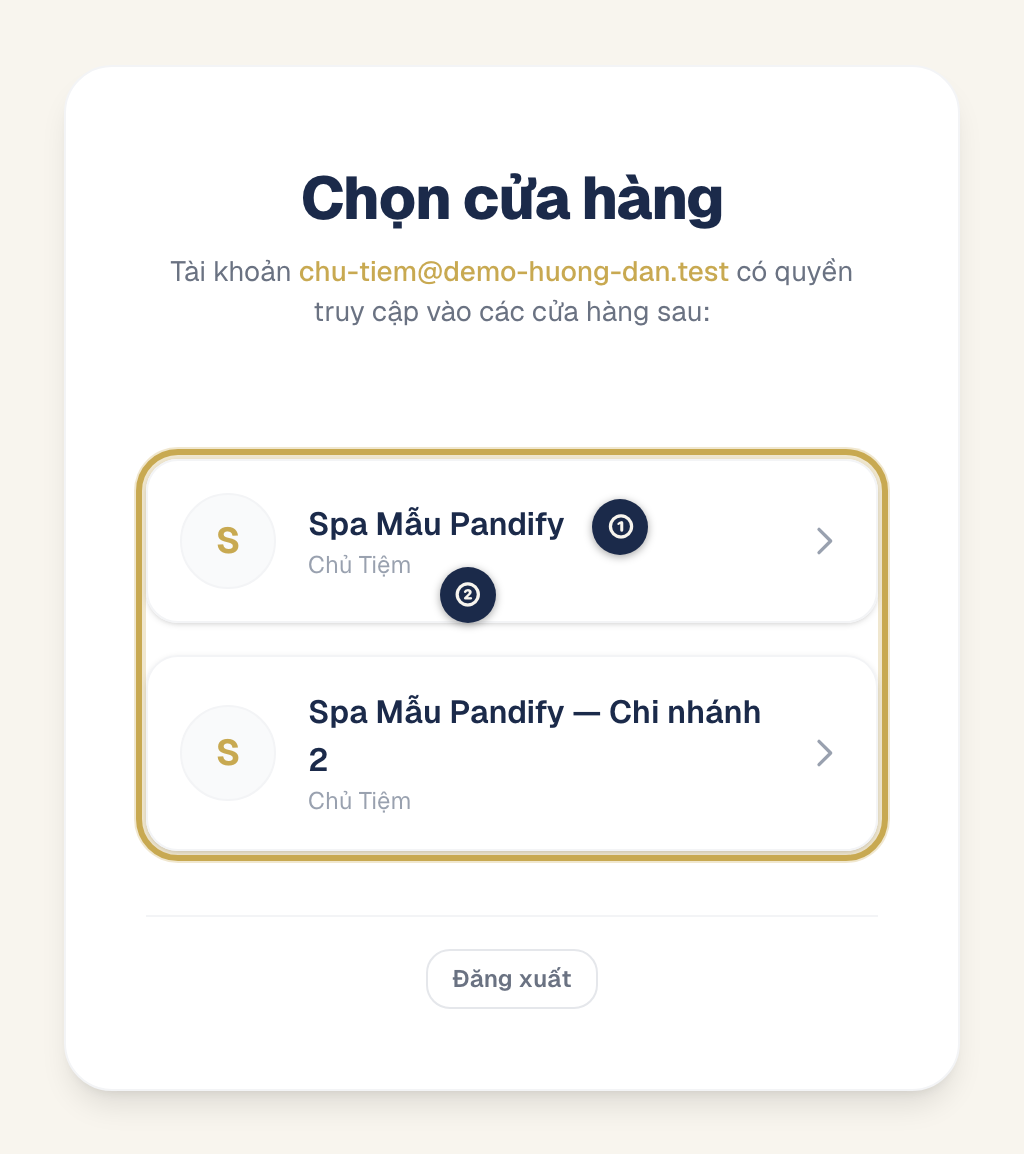 Màn hình Chọn cửa hàng liệt kê các cửa hàng theo tài khoản, mỗi dòng có tên cửa hàng và vai trò