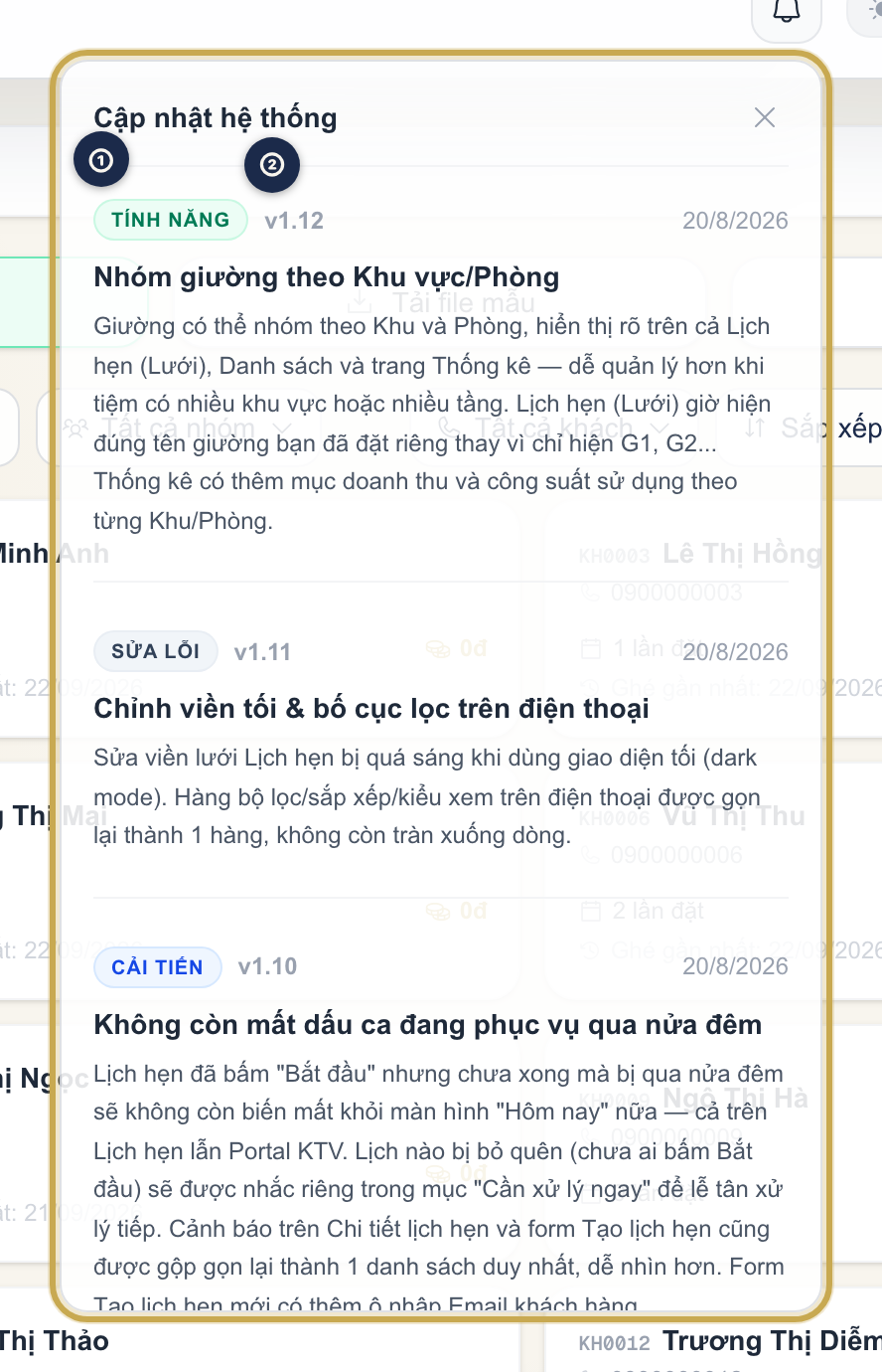 Danh sách Cập nhật hệ thống mở ra với các mục kèm nhãn Tính năng / Cải tiến / Sửa lỗi
