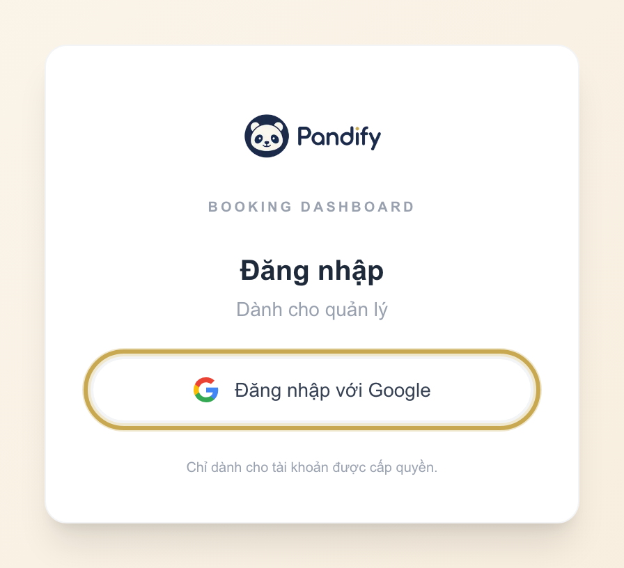 Màn hình đăng nhập Pandify Bookings với nút Đăng nhập với Google được khoanh vàng