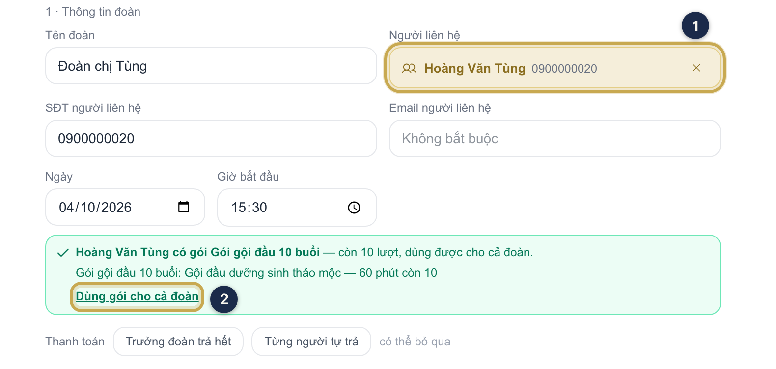 Ô Người liên hệ đã chọn khách có gói ① và khối xanh báo gói còn lượt với link Dùng gói cho cả đoàn ②
