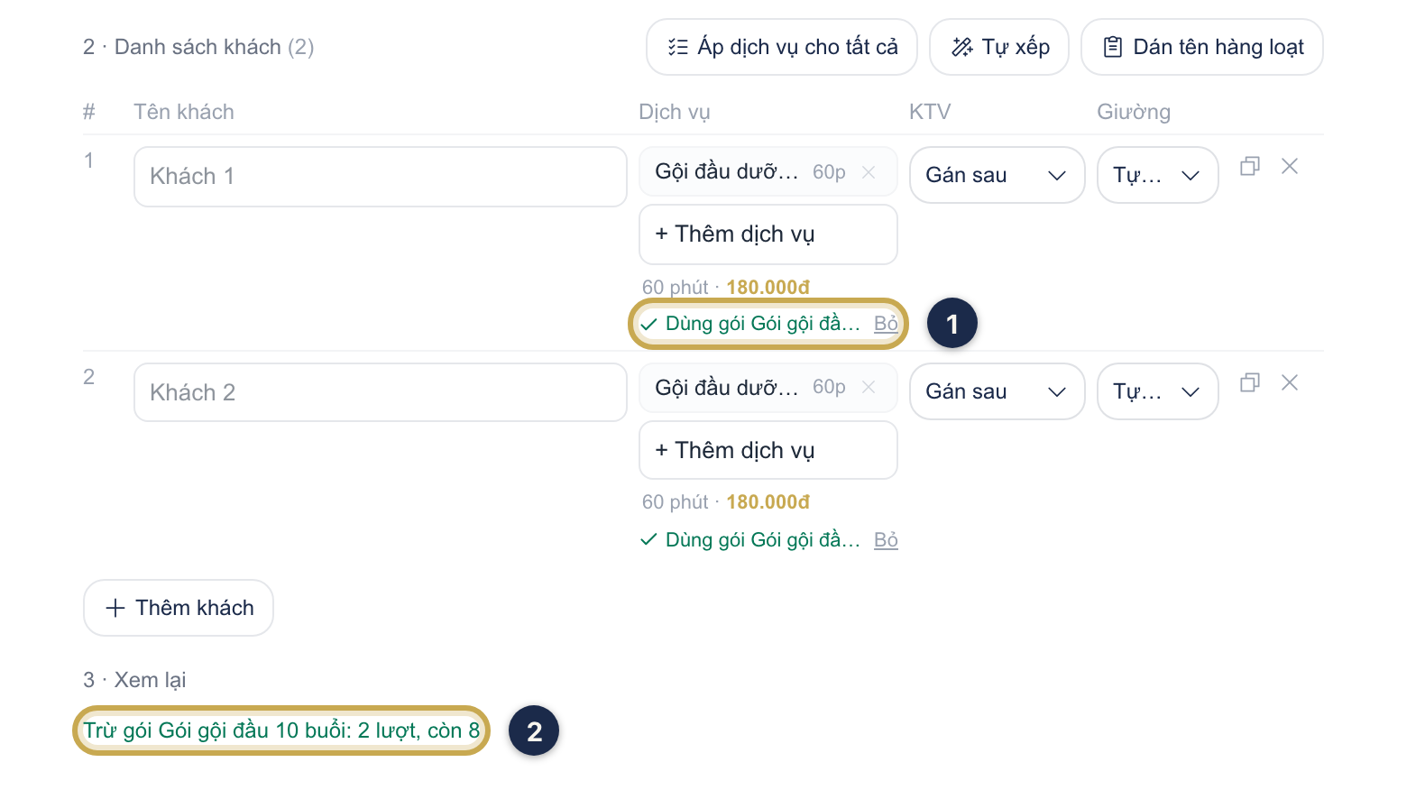 Sau khi bấm Dùng gói cho cả đoàn: mỗi dòng khách ghi Dùng gói kèm nút Bỏ ①, phần Xem lại ghi số lượt trừ gói ②