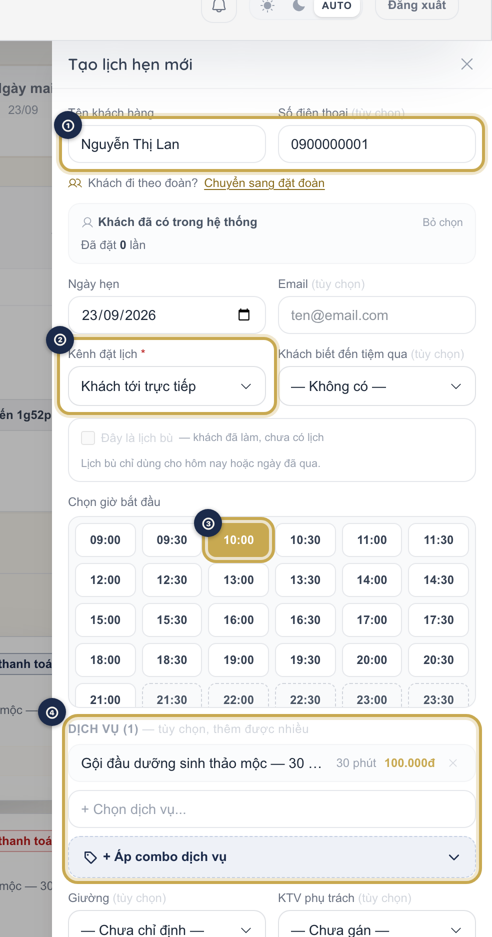 Hộp thoại Tạo lịch hẹn mới với ô Tên khách hàng, Số điện thoại, ô Kênh đặt lịch, lưới Chọn giờ bắt đầu và ô Dịch vụ được khoanh vàng theo thứ tự ①②③④