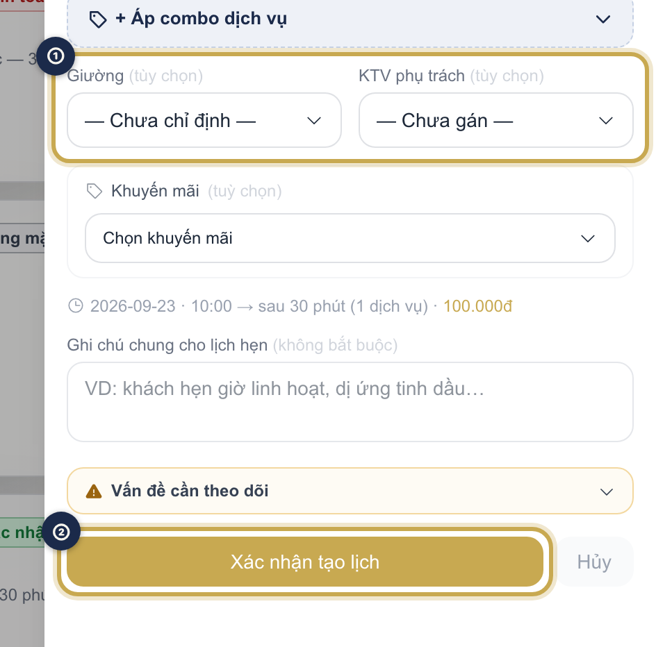Phần cuối hộp Tạo lịch hẹn mới với ô Giường, KTV phụ trách và nút Xác nhận tạo lịch được khoanh vàng