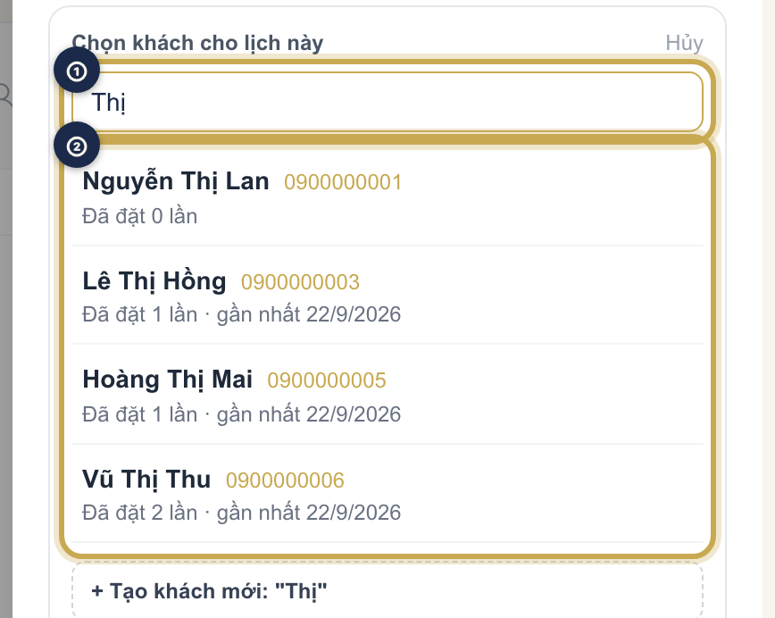 Hộp Chọn khách cho lịch này với ô tìm kiếm và danh sách khách gợi ý để gắn vào lịch hẹn