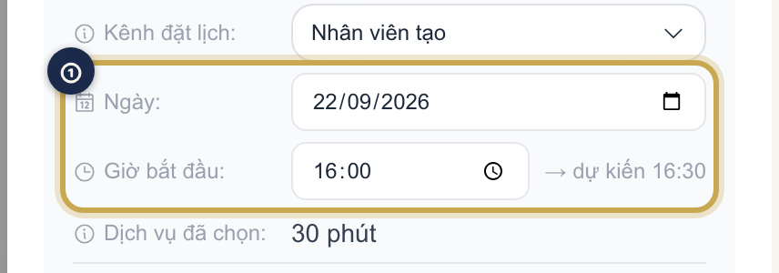 Chi tiết lịch hẹn với ô Ngày:, Giờ bắt đầu: và ô Chuyển giường có thể sửa trực tiếp, nút Lưu được khoanh vàng