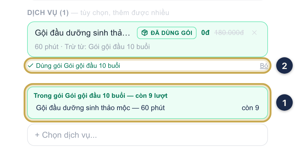 Form Tạo lịch của khách có gói: khối Trong gói Gói gội đầu 10 buổi còn 9 lượt được khoanh ①, dòng Dùng gói Gói gội đầu 10 buổi kèm nút Bỏ được khoanh ②
