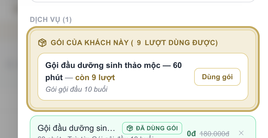 Khối Gói của khách này trong chi tiết lịch hẹn với số lượt còn lại và nút Dùng gói được khoanh vàng