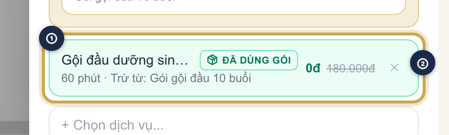 Dòng dịch vụ sau khi dùng gói, hiện nhãn Đã dùng gói và giá 0đ, kèm nút xóa để gỡ lại nếu bấm nhầm