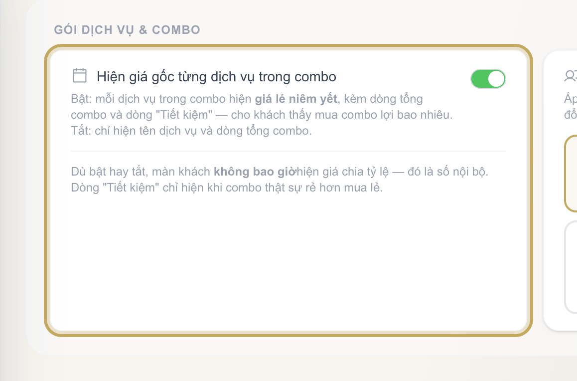 Khối Gói dịch vụ & Combo trong Cài đặt với công tắc Hiện giá gốc từng dịch vụ trong combo được khoanh vàng