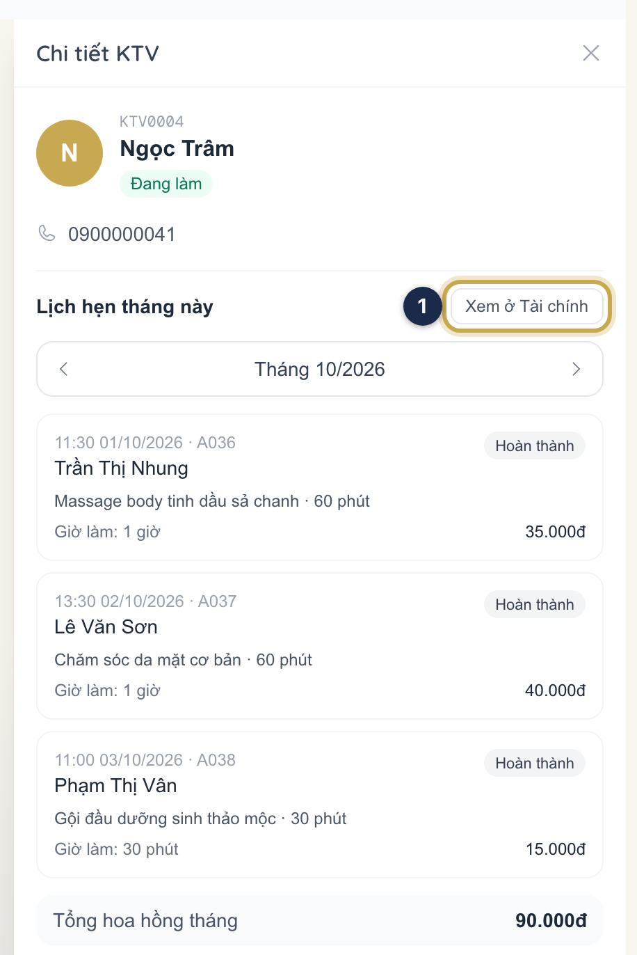 Chi tiết một kỹ thuật viên trong menu Kỹ Thuật Viên, nút Xem ở Tài chính được khoanh ①