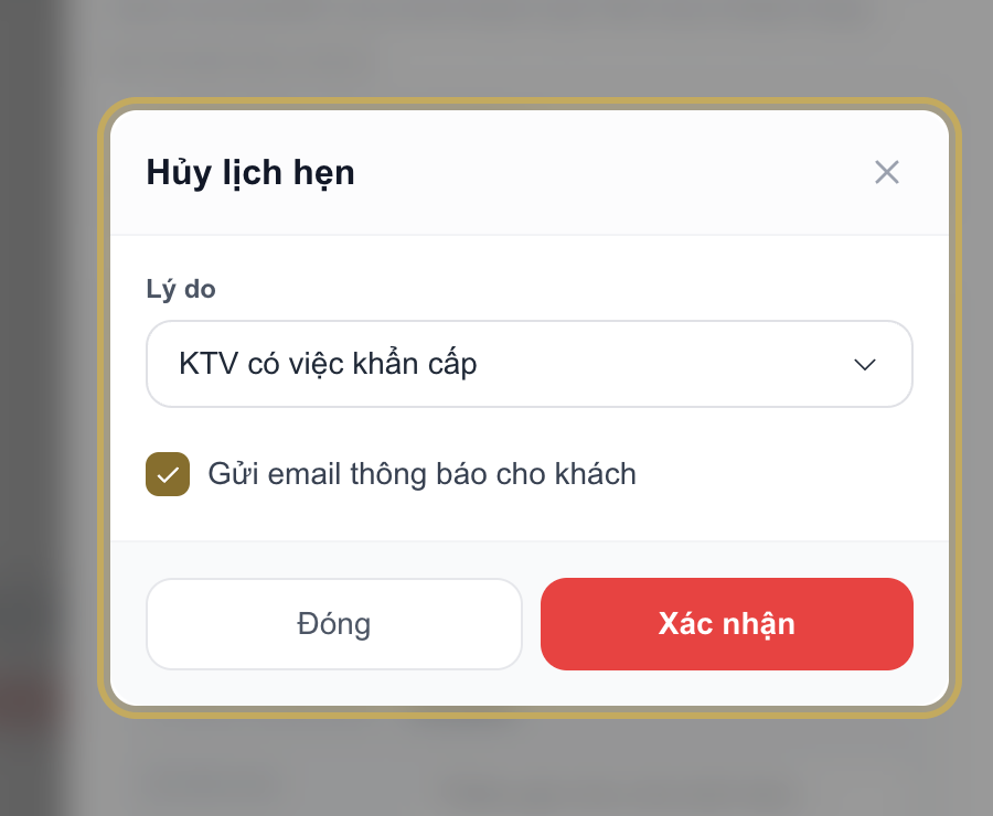 Hộp thoại hủy lịch với ô chọn Lý do và tick Gửi email thông báo cho khách