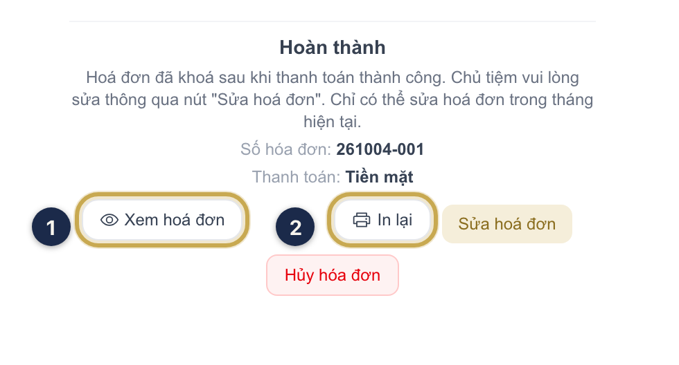 Chi tiết lịch đã thu tiền với nút Xem hoá đơn ① và In lại ②