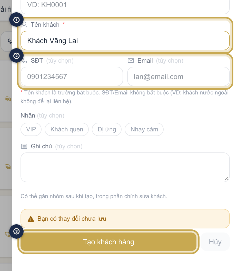 Form Thêm khách hàng với ô SĐT và Email để trống, chỉ có Tên khách