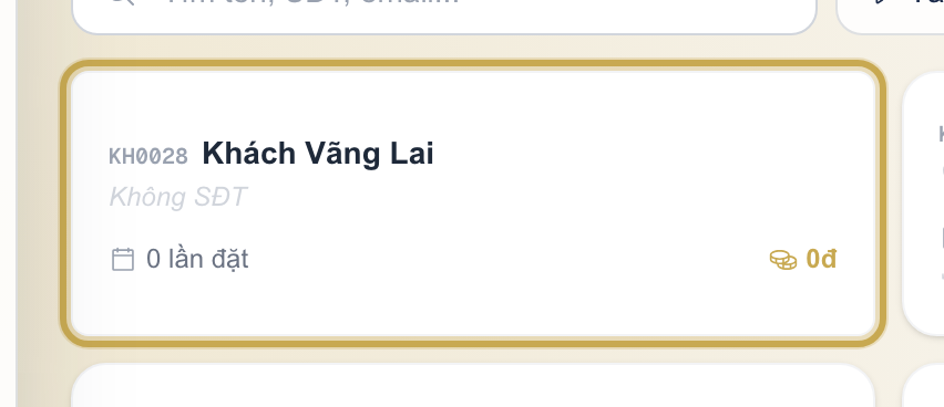 Danh sách khách hàng với nhãn xám "Không SĐT" trên một dòng khách