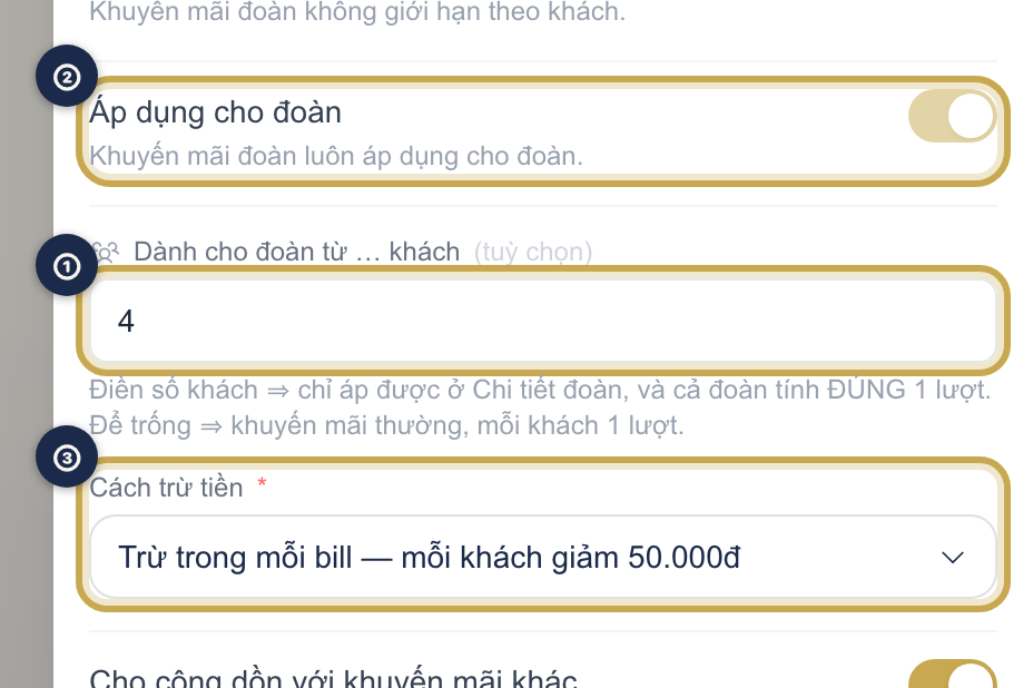 Form khuyến mãi: ① ô Dành cho đoàn từ … khách, ② công tắc Áp dụng cho đoàn tự bật, ③ ô Cách trừ tiền, đều được khoanh vàng
