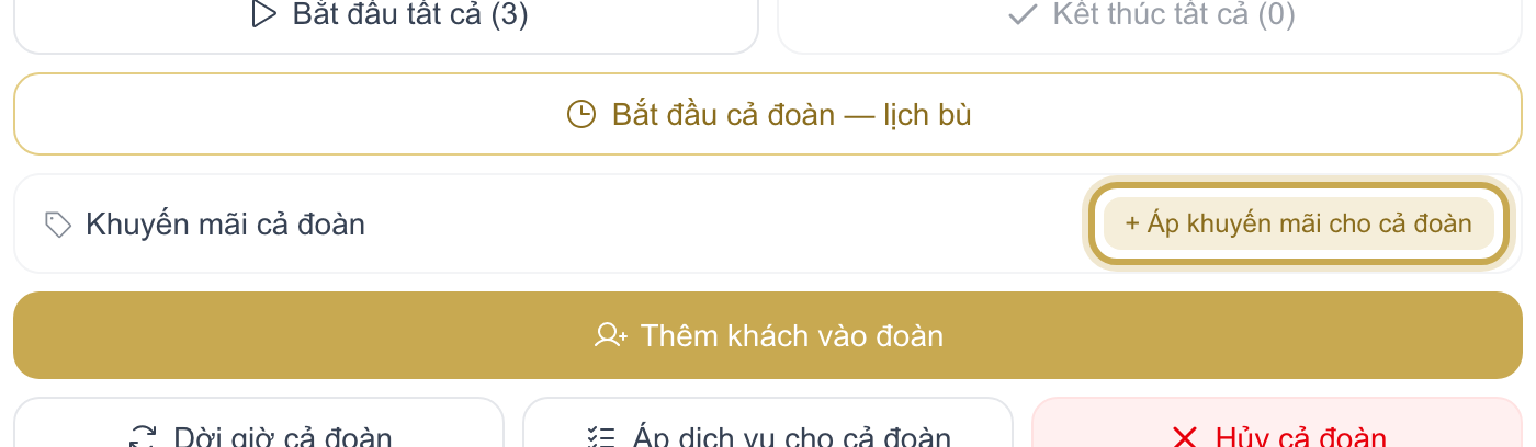 Chi tiết đoàn với nút + Áp khuyến mãi cho cả đoàn được khoanh vàng