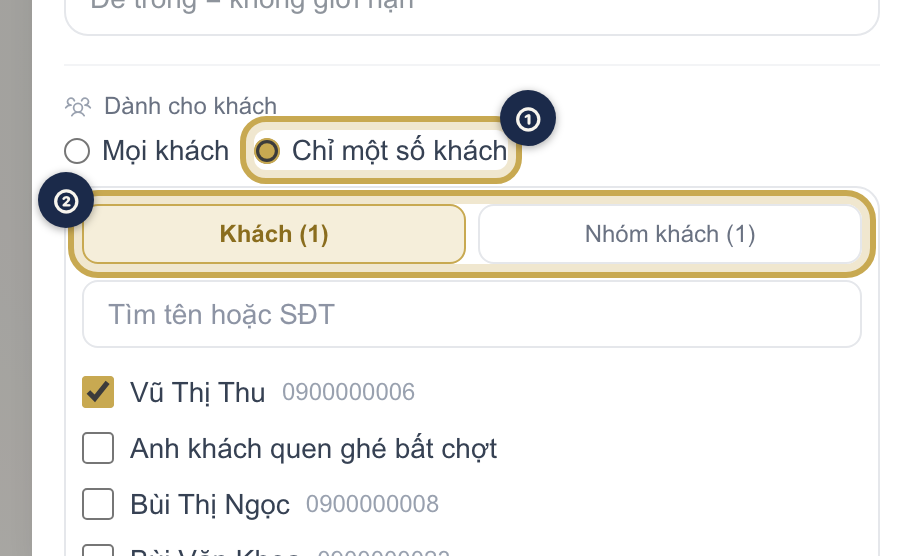 Khối Dành cho khách với lựa chọn Chỉ một số khách và bảng chọn tab Khách / Nhóm khách