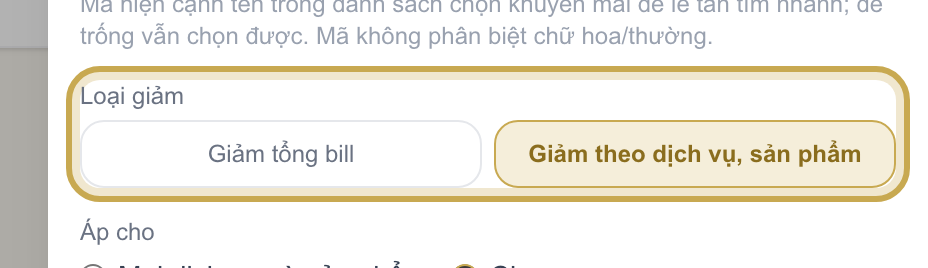 Khối Loại giảm với lựa chọn Giảm theo dịch vụ, sản phẩm được khoanh vàng