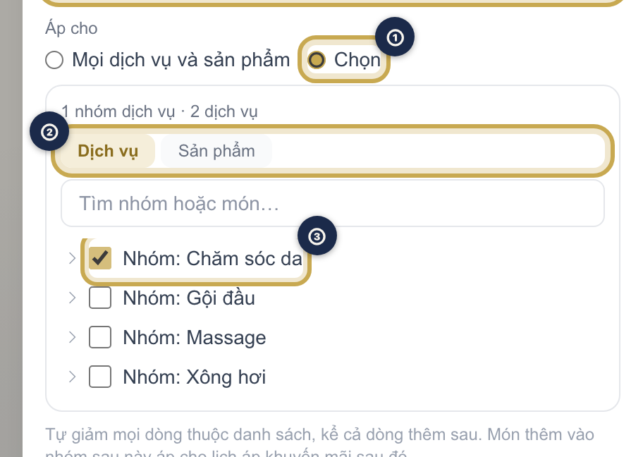 Bảng chọn phạm vi với tab Dịch vụ / Sản phẩm và các ô tick nhóm, tick từng món