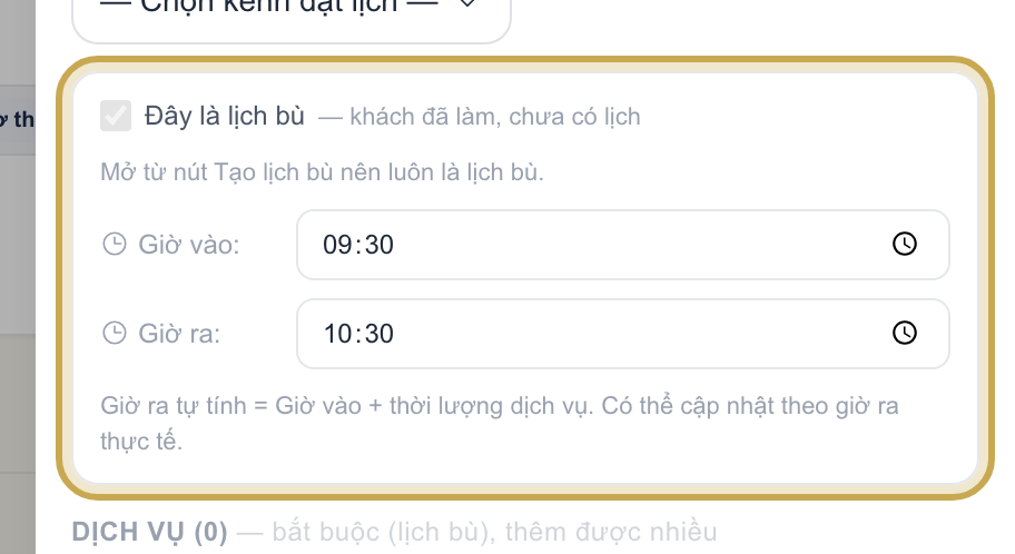 Form tạo lịch bù với ô Đây là lịch bù đã bật, ô Giờ vào và Giờ ra thay cho lưới chọn giờ
