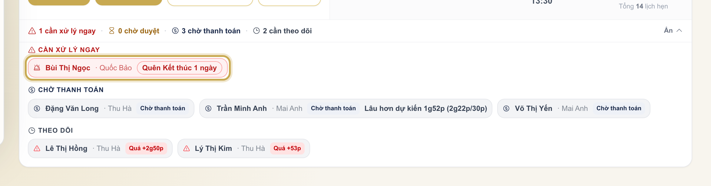 Màn Lịch hẹn với khung cảnh báo màu đỏ, một dòng lịch nhãn Quên Kết thúc N ngày được khoanh vàng
