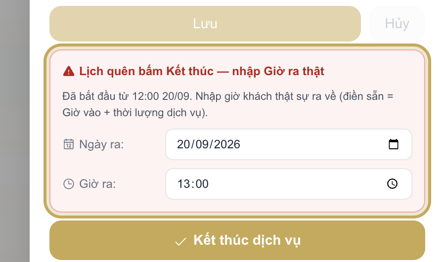 Khung cảnh báo Lịch quên bấm Kết thúc trong chi tiết lịch hẹn, kèm ô Ngày ra và Giờ ra được khoanh vàng