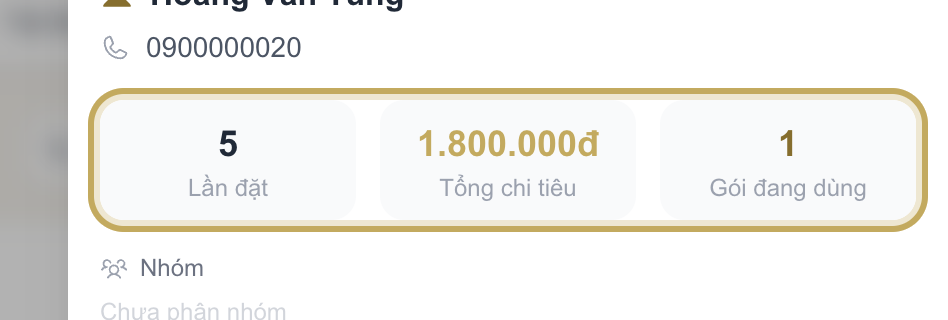 Chi tiết khách hàng với 3 ô Lần đặt, Tổng chi tiêu, Gói đang dùng được khoanh vàng