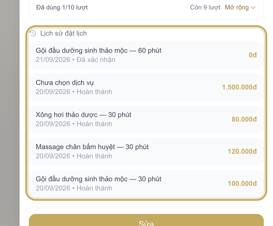 Mục Lịch sử đặt lịch trong Chi tiết khách hàng, liệt kê từng lần đặt