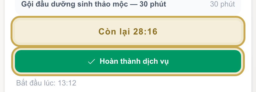 Một lịch đang làm với đếm ngược thời gian và nút Hoàn thành dịch vụ được khoanh vàng