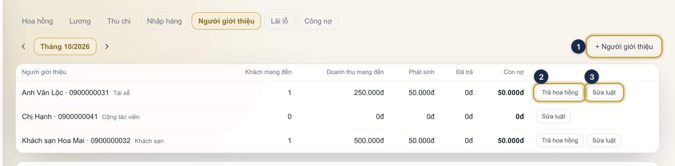 Tài chính, mục Người giới thiệu: nút + Người giới thiệu ①, nút Trả hoa hồng ② và nút Sửa luật ③ ở dòng một người
