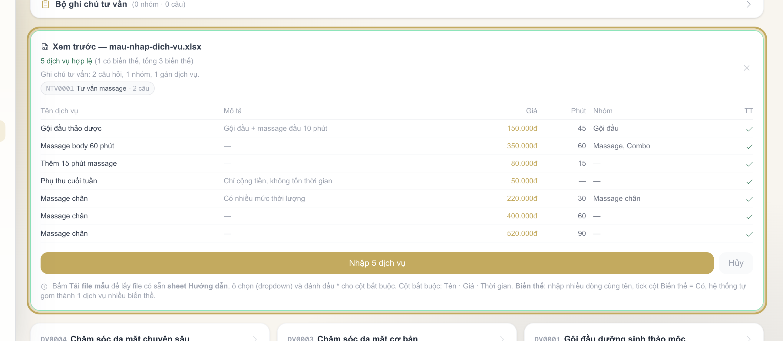 Bảng xem trước dữ liệu sau khi chọn file Excel, kèm nút xác nhận nhập được khoanh vàng