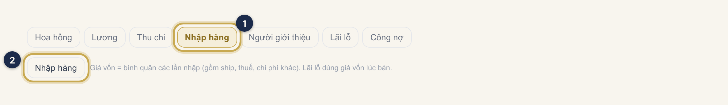 Mục Nhập hàng: ① là tab Nhập hàng, ② là nút Nhập hàng để mở phiếu nhập.