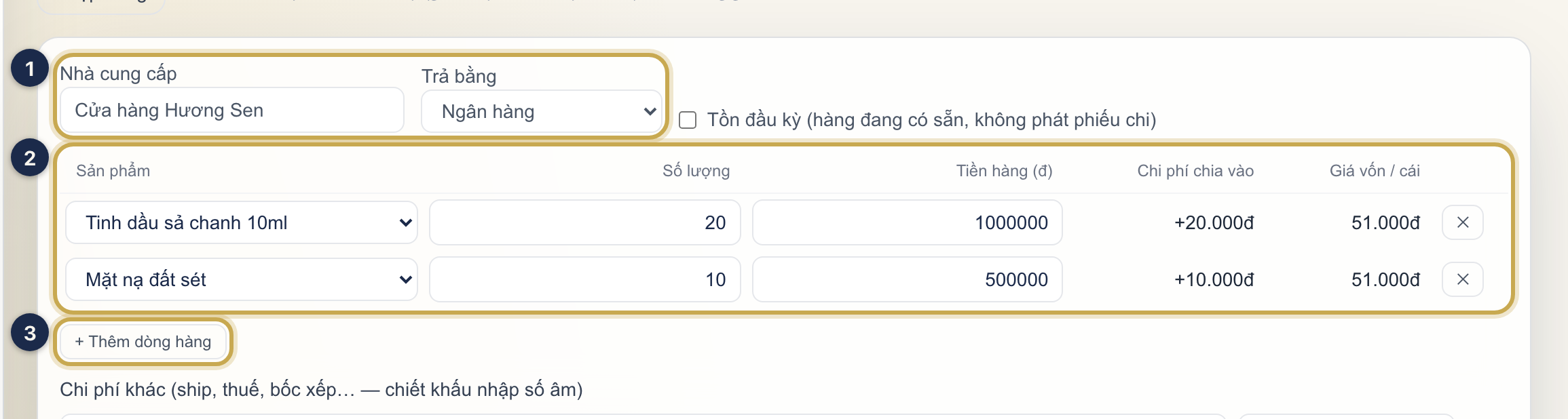 Phiếu nhập: ① Nhà cung cấp và Trả bằng, ② bảng dòng hàng, ③ nút + Thêm dòng hàng.