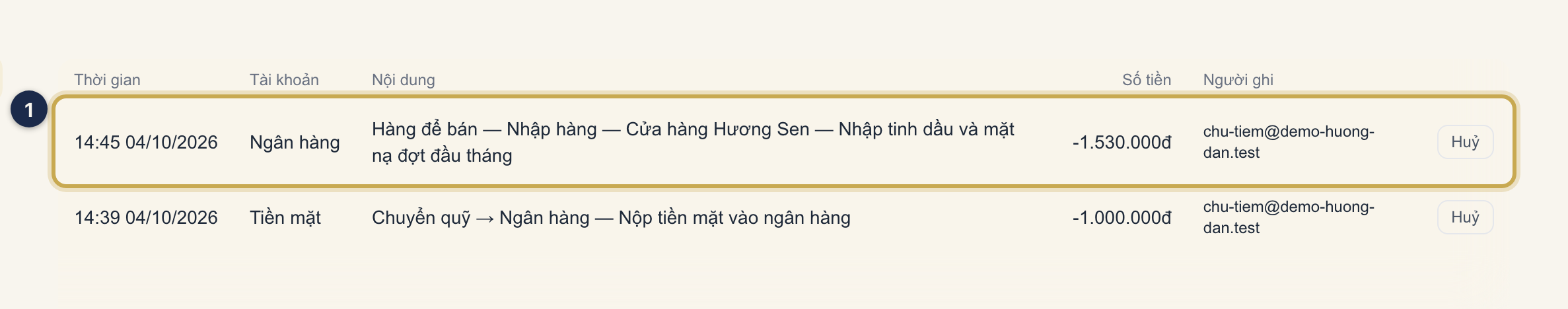 Mục Thu chi có dòng ① là phiếu chi Hàng để bán tự vào sau khi lưu phiếu nhập.