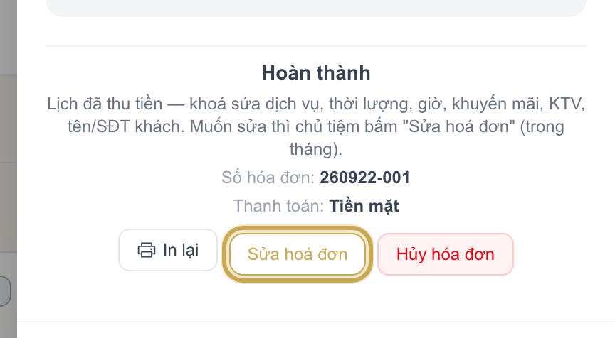 Nút Sửa hóa đơn cạnh nút Hủy hóa đơn trong chi tiết lịch hẹn đã thu tiền, được khoanh vàng