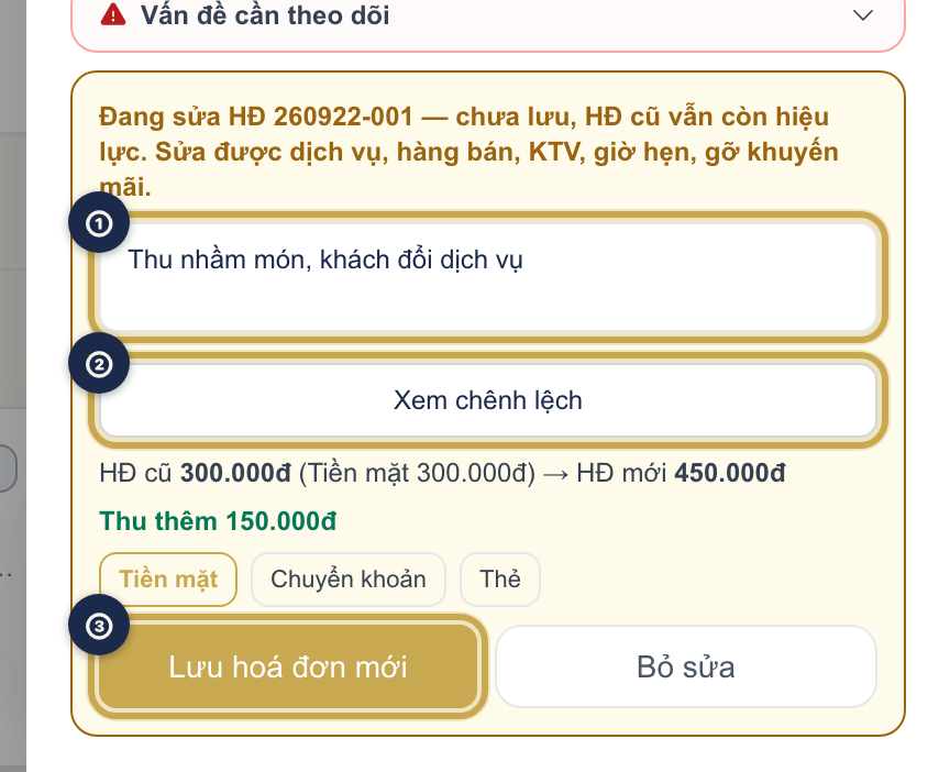 Khung vàng Đang sửa HĐ với ô Lý do sửa, nút Xem chênh lệch được khoanh vàng