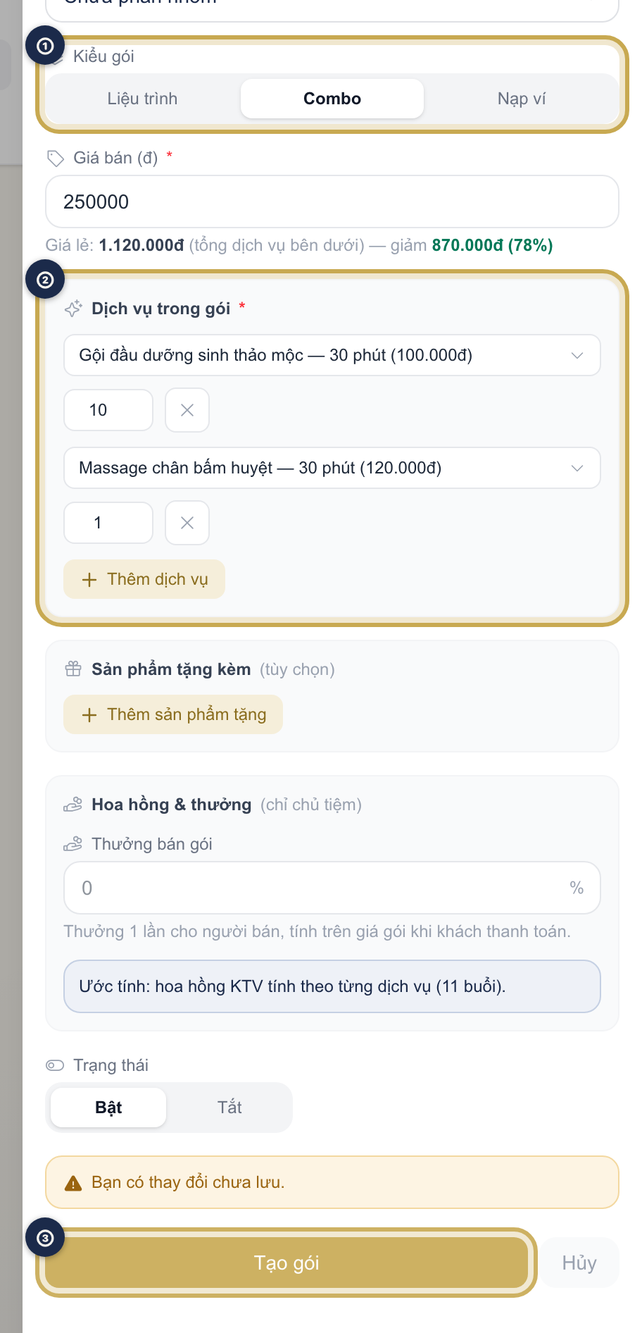Form Thêm gói dịch vụ mới với Kiểu gói đang chọn Combo, khối Dịch vụ trong gói và nút Tạo gói được khoanh vàng