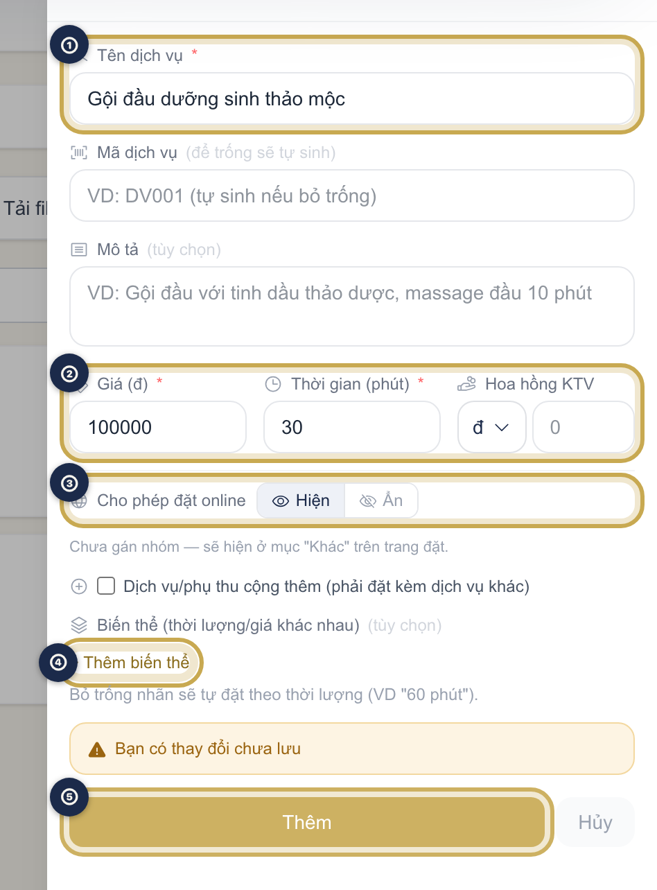 Form Thêm dịch vụ mới với các ô Tên dịch vụ, Giá, Thời gian, Cho phép đặt online và liên kết + Thêm biến thể được khoanh vàng