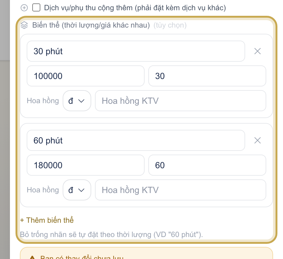 Form đã bấm + Thêm biến thể, hiện hai dòng biến thể "30 phút · 100.000đ" và "60 phút · 180.000đ"