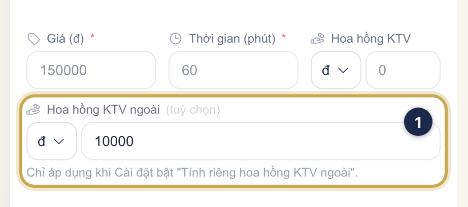Ô Hoa hồng KTV ngoài (tuỳ chọn) được khoanh ① trong form Thêm dịch vụ mới