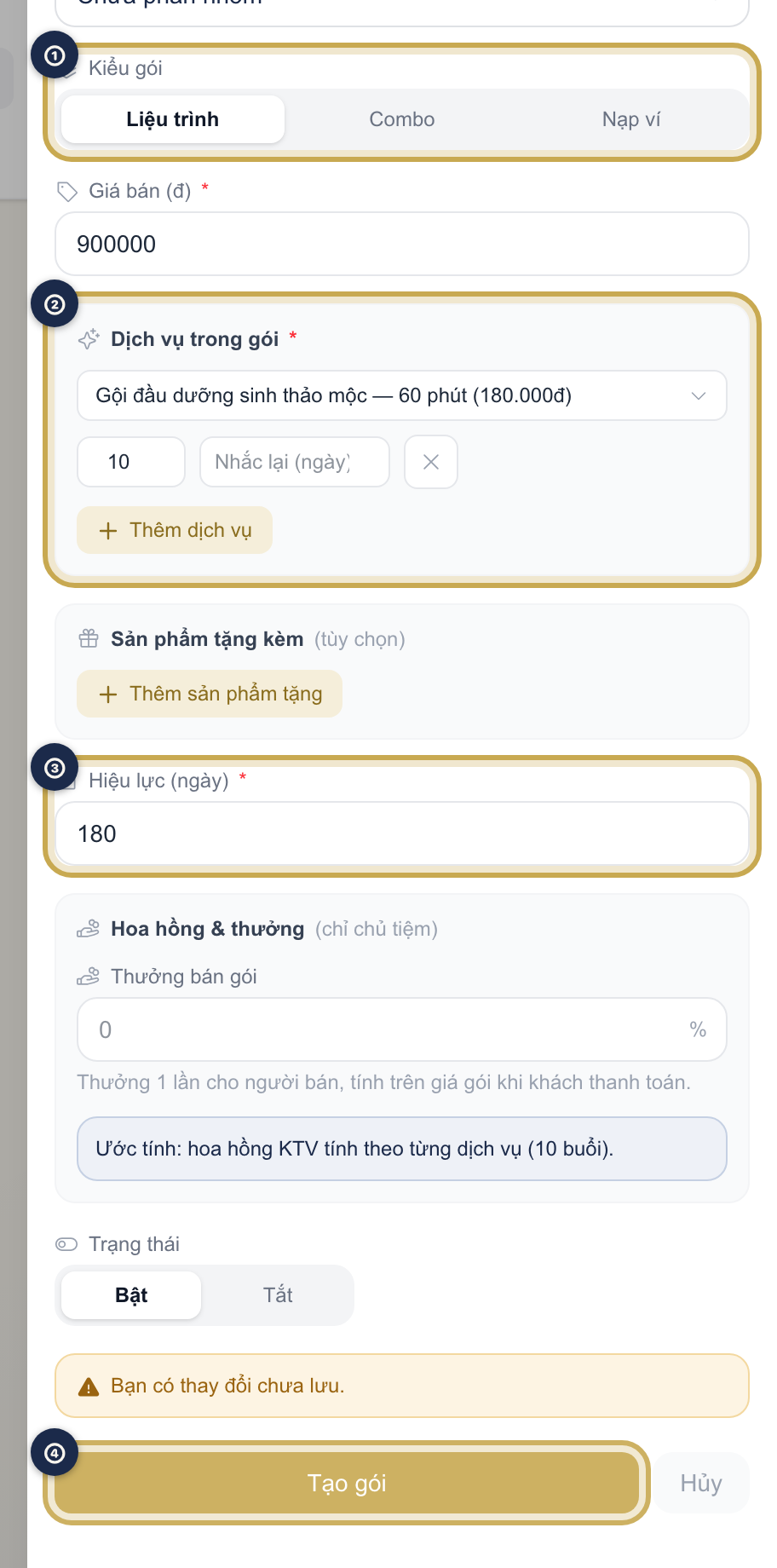 Form Thêm gói dịch vụ mới với Kiểu gói đang chọn Liệu trình, khối Dịch vụ trong gói với ô nhập số lượt, và ô Hiệu lực (ngày) được khoanh vàng