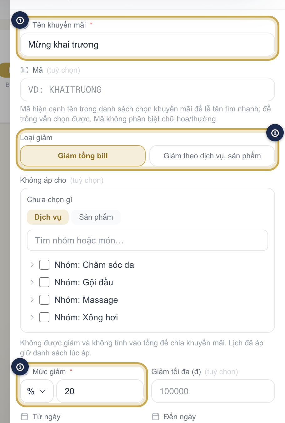 Form Thêm khuyến mãi với các trường Tên khuyến mãi, Loại giảm, Mức giảm và công tắc Đang bật